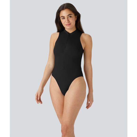NWT Halara Stand Collar Sleeveless Zipper One Piece Swimsuit Black Small‎ Swim - Picture 1 of 14